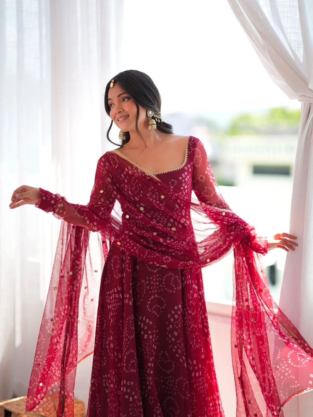 Maroon Digital Print Faux Georgette Flared Anarkali Suit Set
